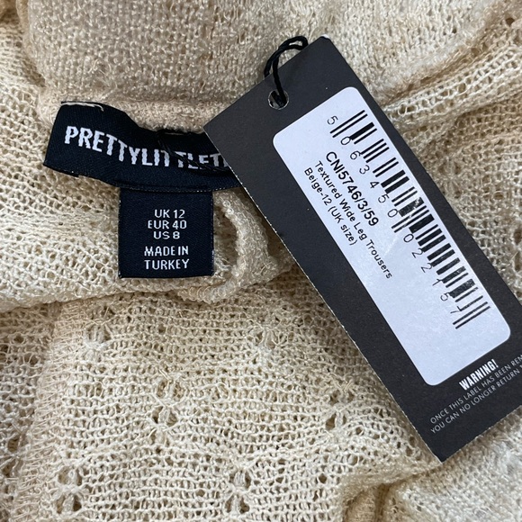 PrettyLittleThing Beige Textured Knit Two-Piece Set Wide Leg Pants Button Shirt - Picture 6 of 7